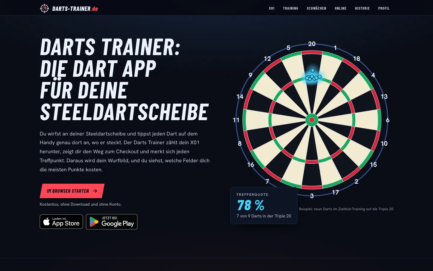 Vorschau der Startseite von Darts-Trainer.de